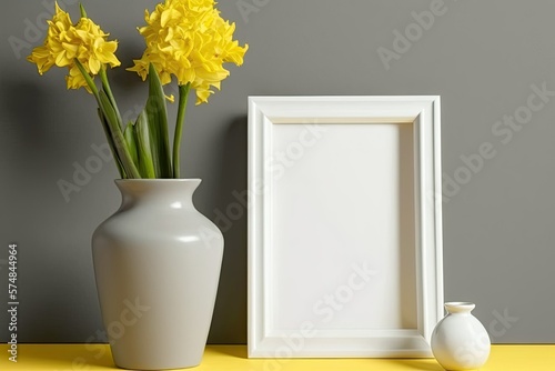 a gray mock-up frame on a yellow background with copy space, a white ceramic vase with blooming daffodils, and. Generative AI