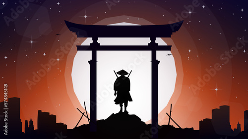 silhouette of a samurai in the night background. Japanese samurai warrior with a sword. Samurai with moon wallpaper. japanese theme wallpaper.