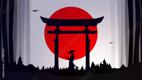Fotografie, Obraz Samurai with red moon wallpaper