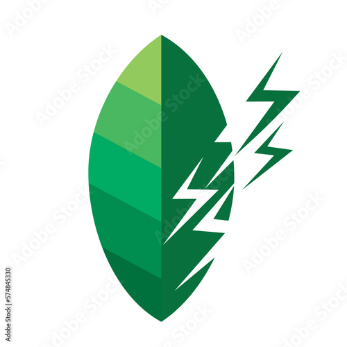 Icon concept for green energy, fusion of energy symbol or thunderbolt and green leaf, graphic vector on white background.