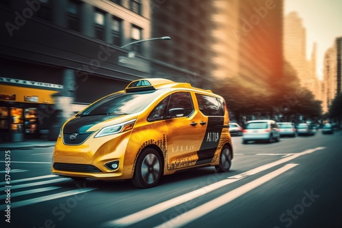 Taxi on the road, Future transportation concept electric cargo taxi , traffic in the city urban public