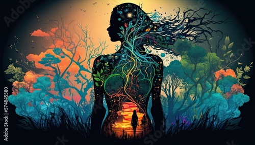 Nature, early woman, silhouette, beautiful lady, one with the world, gaia - generative ai photo