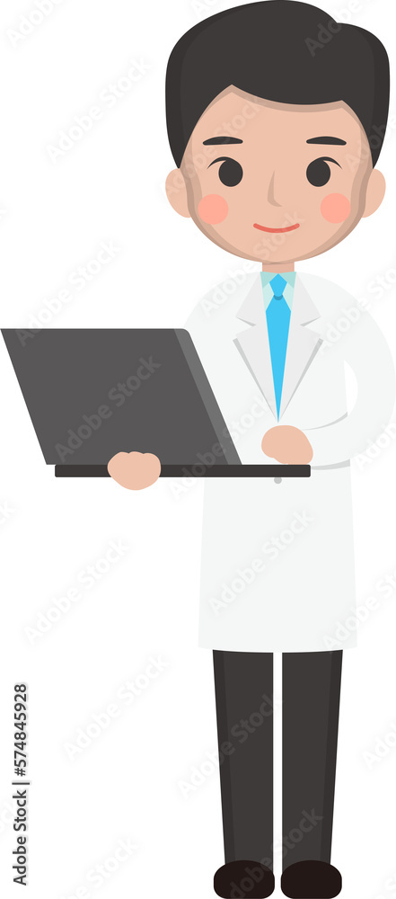 Male doctor or paramedic with report or debriefing on laptop