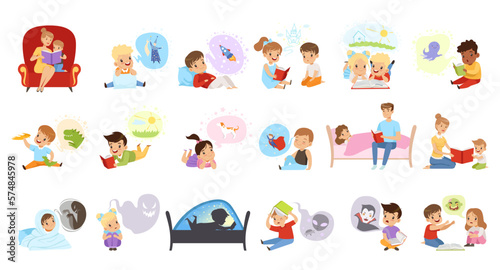 Kids imagination. Curious boys and girls reading fairy tales developing imagination. Entertainment and educational literature cartoon vector Illustration