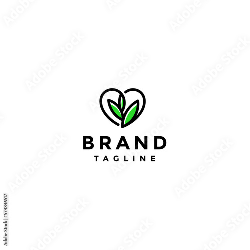 Simple Leaf Love Logo Design. Foliage Natural Icon Inside Heart Symbol Design.