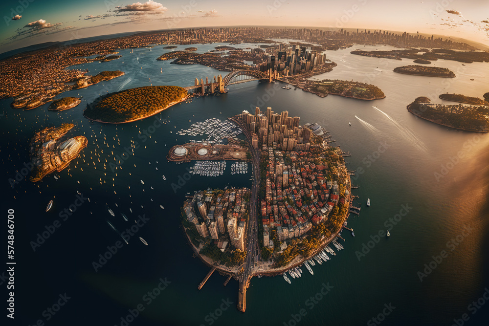 Naklejka premium Beautiful wide angle panoramic aerial drone shot of cityscape with bridge. Generative AI