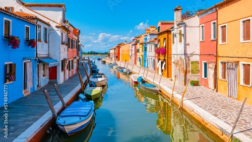 colorful streets of the village Burano Venice Italy colorful canal whit boats and vibrant houses.