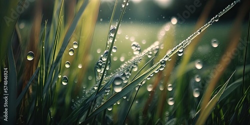 Water dew drops on blades of grass. Morning moisture on the lawn. Summer rain.