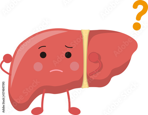 Liver mascot with confused expression and gestures