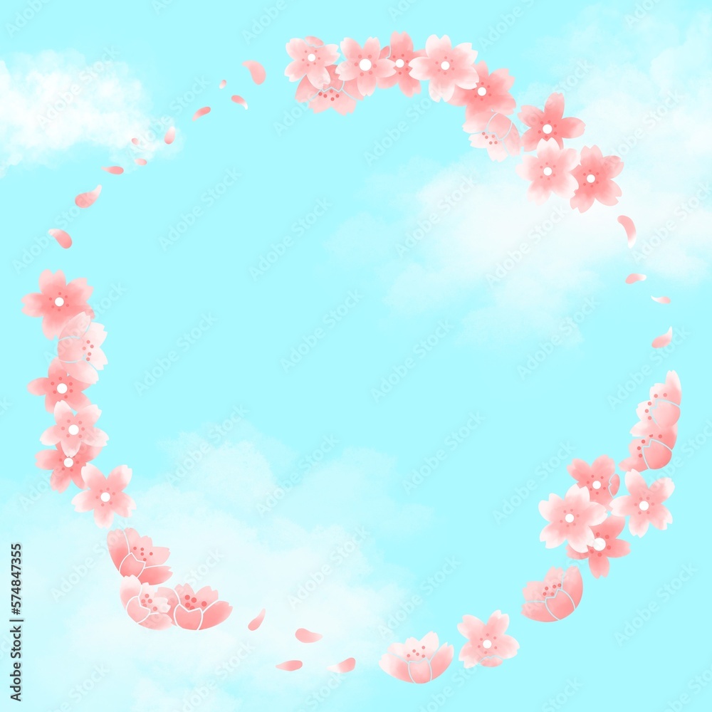 Round border frame background with cherry blossoms in full bloom in sky