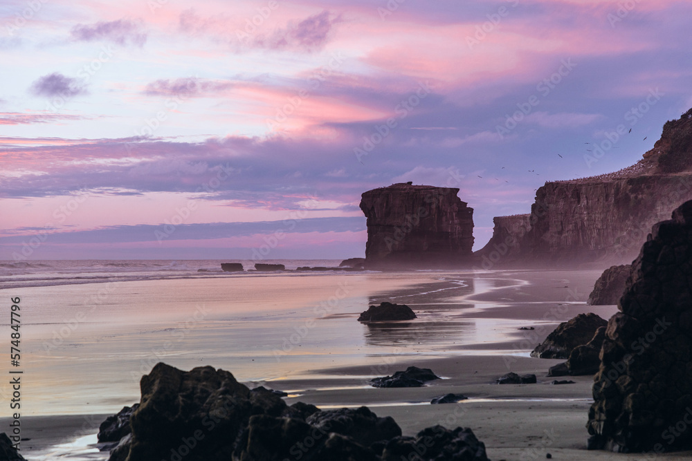 The sky above Muriwai Beach is a canvas of pink and violet hues, as soft clouds hover over the rugged rock formations and bustling gannet colony.