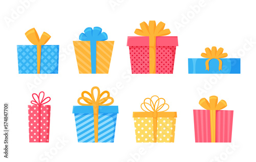 Gift boxes collection Wrapped presents with bows set. Colorful pack for Birthday, Christmas, Easter, Valentine's Day. Vector flat cartoon style. 