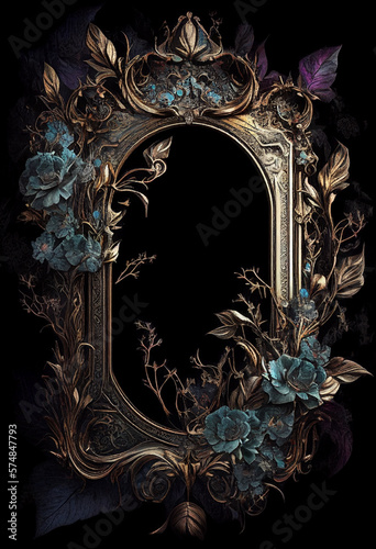 Guilded frame with dark gothic florals and botanicals, matte gold distressed textured aged vintage frame, lush and mysterious, gritty and goth, empty for copy space, centered, generative AI, AI