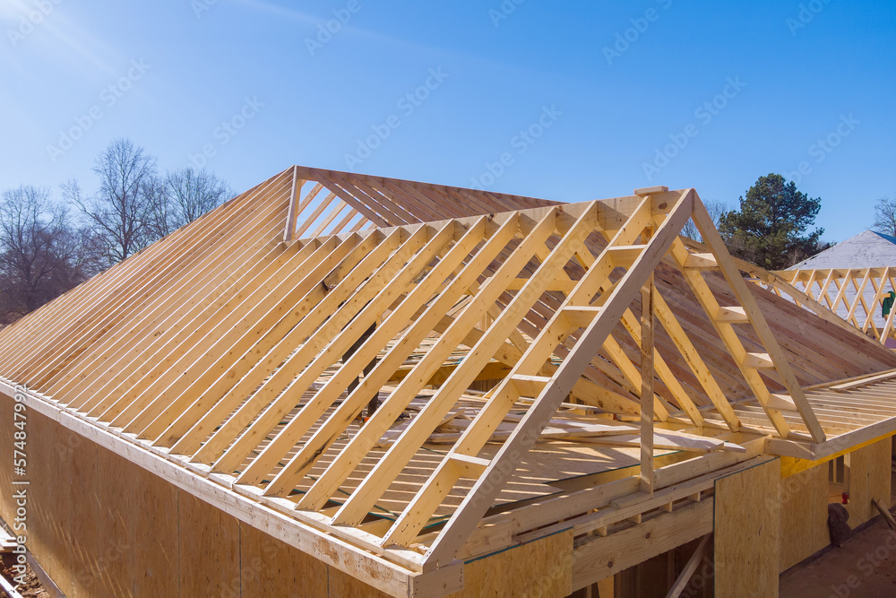 Obraz premium Roofing framework for beam stick home was constructed using trusses during construction of new home