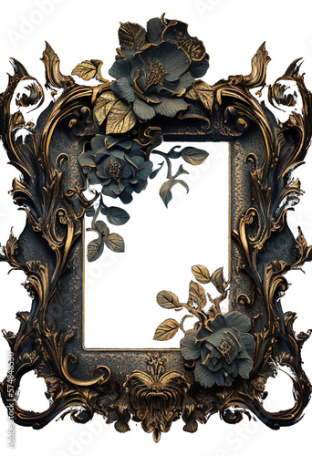 transparent golden frame dark gothic florals and botanicals, matte gold distressed textured aged vintage frame, lush mysterious, gritty, gilded goth, empty for copy space, centered, generative AI, AI