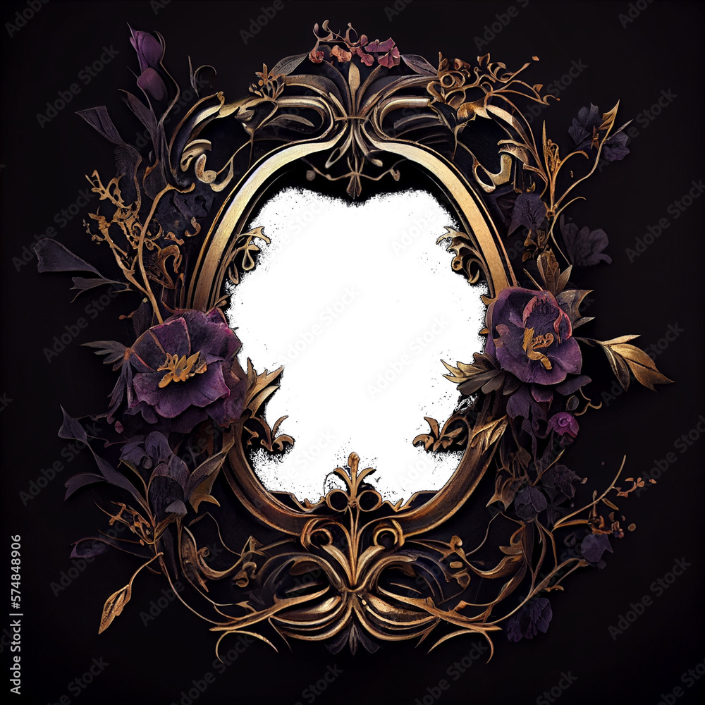transparent golden frame dark gothic florals and botanicals, matte gold
