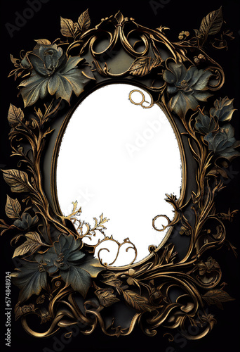 transparent golden frame dark gothic florals and botanicals, matte gold distressed textured aged vintage frame, lush mysterious, gritty, gilded goth, empty for copy space, centered, generative AI, AI photo