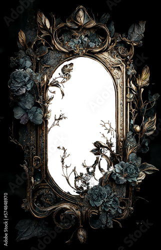 transparent golden frame dark gothic florals and botanicals, matte gold distressed textured aged vintage frame, lush mysterious, gritty, gilded goth, empty for copy space, centered, generative AI, AI
