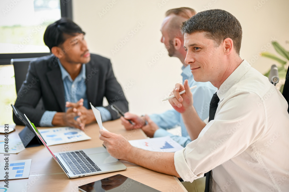 Professional Caucasian businessman is pleased with a business financial investment plan Professional Caucasian businessman is pleased with a business financial investment plan