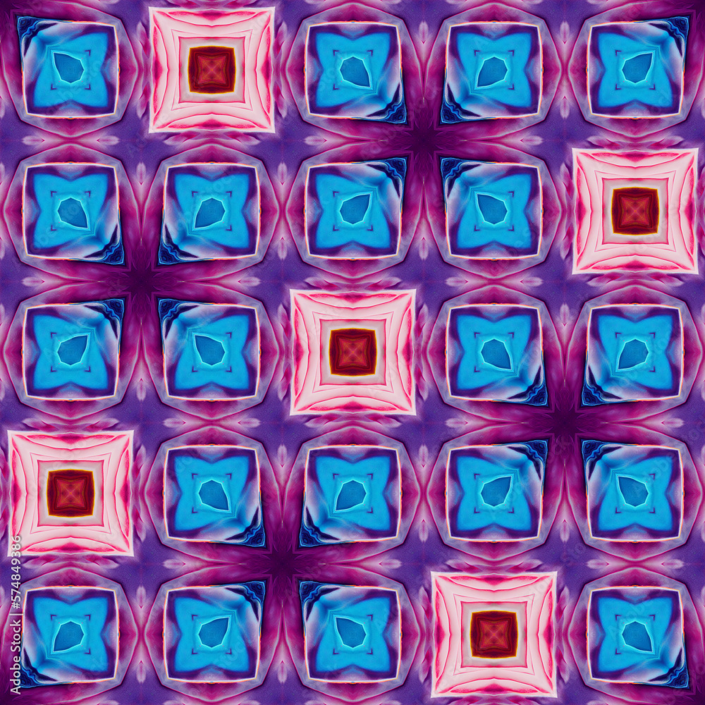 Geometric seamless repeating pattern of squares, star, cross in indigo, blue, purple, and soft pastel color. Geometric seamless repeating pattern of squares, star, cross in indigo, blue, purple, and soft pastel color.