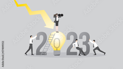 Global recession in the year 2023. Vision businesswoman uses binoculars on big light bulb with a team, down graph. Business idea, problem-solving for financial crisis, economic downturn and inflation.