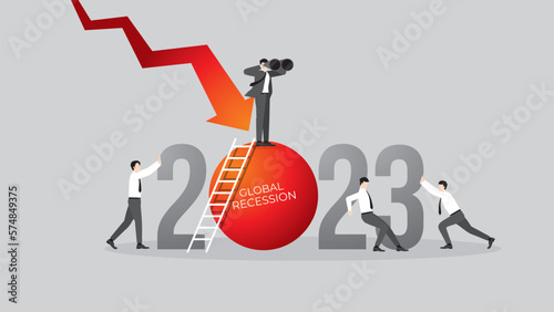 Global recession concept in the year 2023. A vision businessman and teamwork. A red down graph of the financial crisis, economic downturn, inflation, recession, failure, bankruptcy, and crisis.