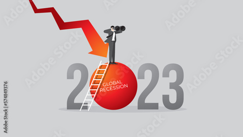 Global recession concept in the year 2023. A vision businessman uses binoculars. A red down graph of the financial crisis, economic downturn, inflation, recession, failure, bankruptcy, and crisis.