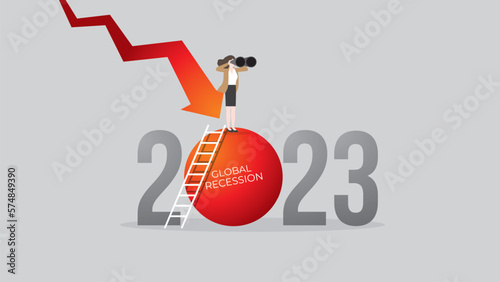 Global recession concept in the year 2023. A vision businesswoman uses binoculars. A red down graph of the financial crisis, economic downturn, inflation, recession, failure, bankruptcy, and crisis.