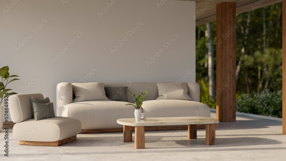 Luxury comfortable lounge with beautiful greenery nature view, comfortable couch - obrazy, fototapety, plakaty 