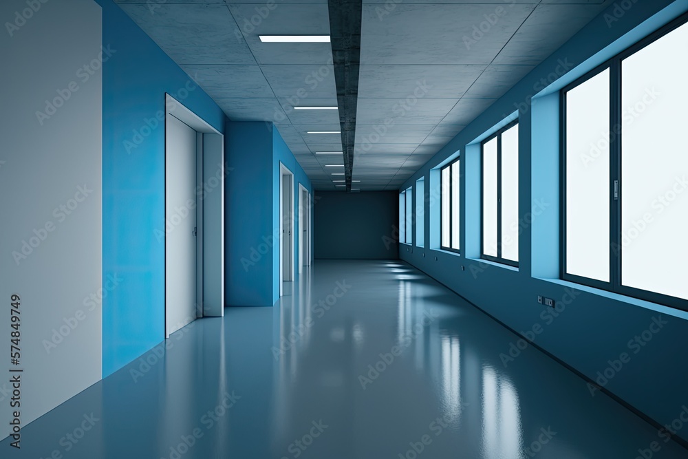 With a concrete floor, loft windows, and a line of ceiling lights, a blue empty office corridor is presented. Business, financial, and interior design concepts. a mockup. Generative AI With a concrete floor, loft windows, and a line of ceiling lights, a blue empty office corridor is presented. Business, financial, and interior design concepts. a mockup. Generative AI
