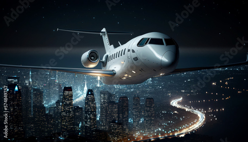 Business travel concept, white luxury private jet flying in clear skies at nigh and Dense cityscape lit up at night in the background, generative ai