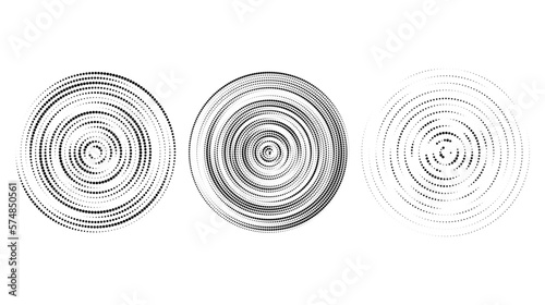 Concentric halftone circles set. Dotted sound wave rings collection. Epicentre  target  radar icon concept. Radial signal  vibration or water elements. Vector 