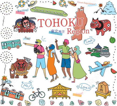 日本の東北地方の夏の名所観光を楽しむ観光客、アイコンのセット（線画）