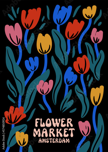 Vector Flower Market Amsterdam wall art poster. Groovy Danish design. Simple contemporary tulip market room decor. Colorful flowers kitchen decoration. Funky touristic souvenir artistic minimal print