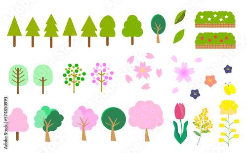 春の植物の素材セット　木　チューリップ