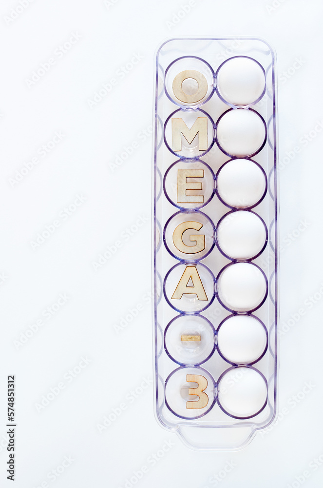 Clear Plastic Container with Eggs and OMEGA-3 Word Clear Plastic Container with Eggs and OMEGA-3 Word