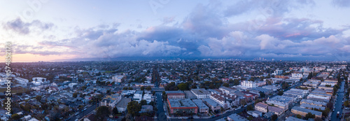 Cloudy sunset over the Los Angeles neighborhood Mar Vista. Aerial pictures taken with a drone. From this height, you can see downtown Los Angeles, mountains, and the Pacific Ocean.