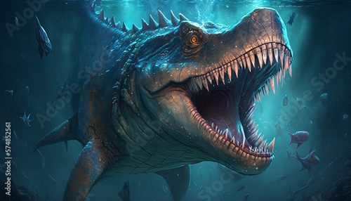 Dinosaur in a deep ocean. Generative AI illustration. Fantasy.
