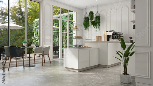 Modern, luxury design cafe with outdoor green tree foliage garden, glass window, counter with espresso machine, cake display fridge, in sunlight white wainscot wall and cement floor background 3D photo