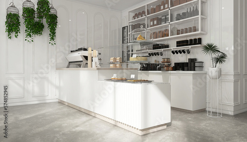 Modern, luxury design cafe, corrugated counter with espresso machine, cake display fridge, cabinet, shelf and plants in sunlight from window on white wainscot wall and cement floor background 3D photo