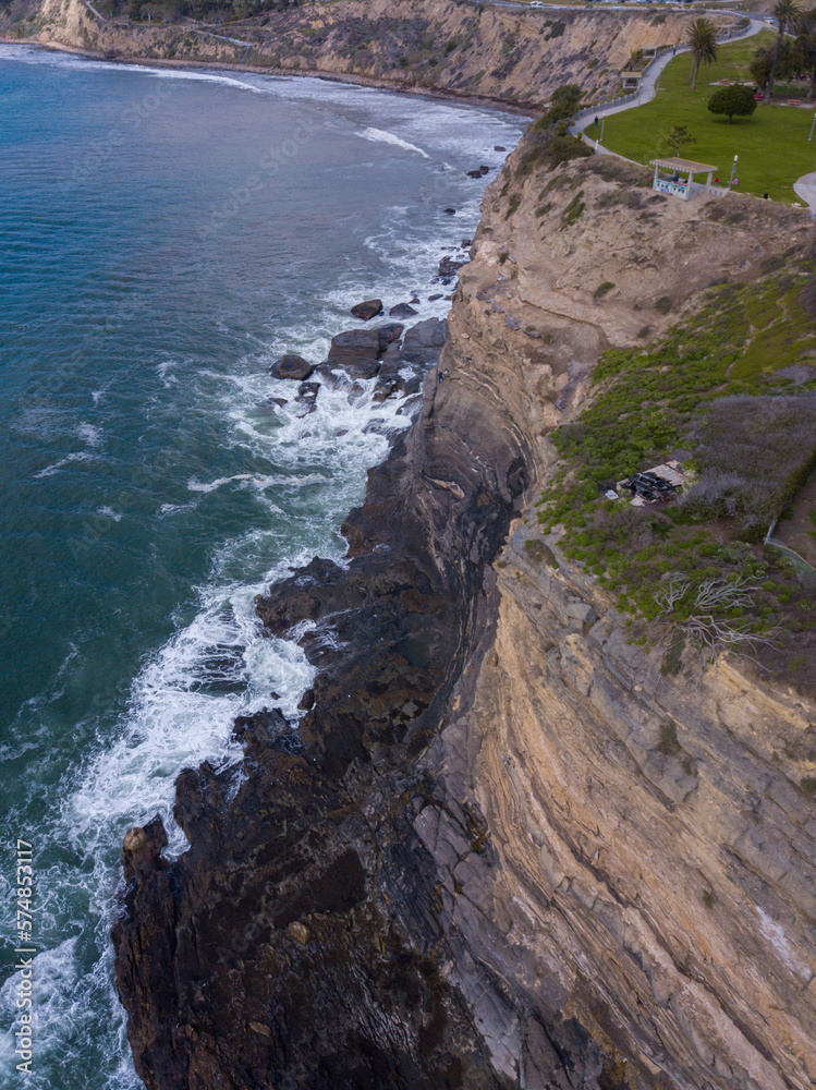 Sunken City and the coastal cliffs of San Pedro in Los Angeles, California. Pictures taken with a drone, showing the crumbled coastline and rubble of ocean front homes.