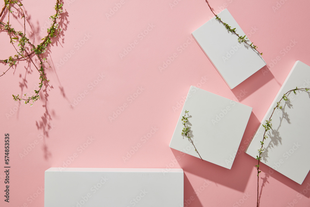 Abstract minimal nature scene - empty podiums and branches flower on pink background. Mockup scene for advertising cosmetics, products and goods. Top view, flat lay, copy space. Abstract minimal nature scene - empty podiums and branches flower on pink background. Mockup scene for advertising cosmetics, products and goods. Top view, flat lay, copy space.