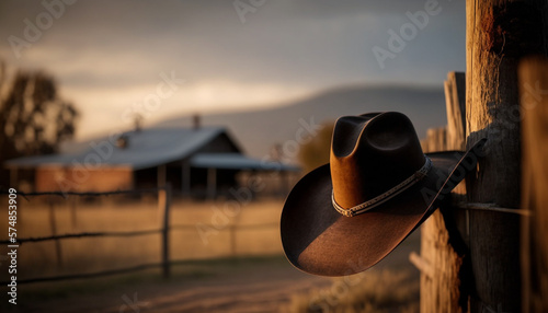 brown cowboy hat with farm background