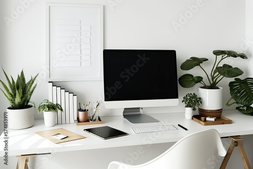 Stylish office with copy space and trendy desks. Generative AI
