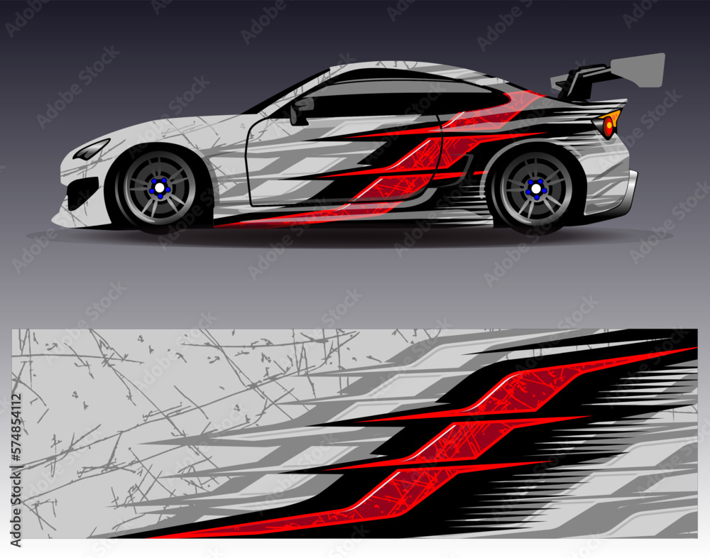 Obraz premium Car wrap design vector. Graphic abstract stripe racing background kit designs for wrap vehicle race car rally adventure and livery