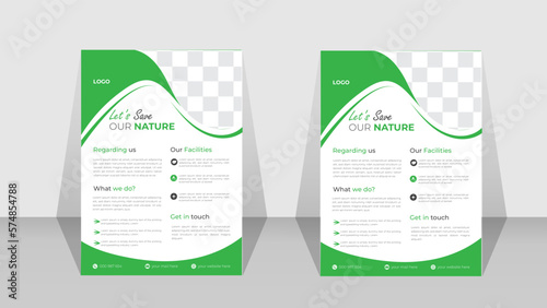 Modern eco flyer A4 vector template, green leaf, environment design, suitable for poster, cover, ads, social banner, or magazine.  