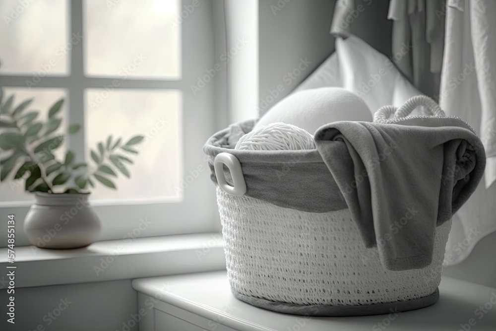 Gray laundry basket with white towels and tulle window. Laundry or detergents. Copies. Generative AI Gray laundry basket with white towels and tulle window. Laundry or detergents. Copies. Generative AI