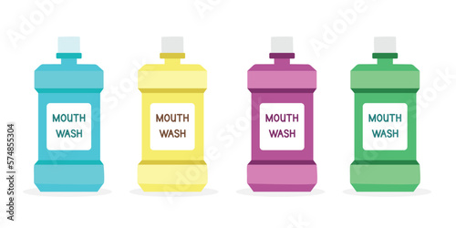 Set of multicolored mouthwash bottles in flat-style vector illustration. Simple plastic mouth wash package for rinsing mouth clipart cartoon style. Oral care product concept vector illustration