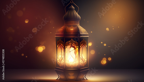 Ornamental Arabic lantern with burning candle glowing at night and glittering golden bokeh lights. Festive greeting card, invitation for Muslim holy month Ramadan Kareem. generative ai