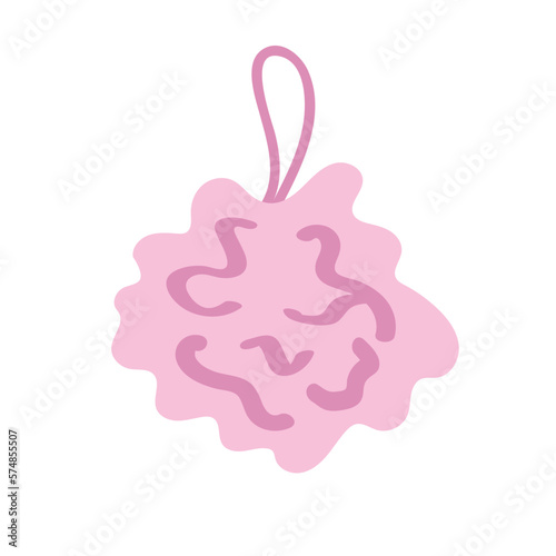 Pink bath pouf sponge in flat style vector illustration. Simple mesh pouf bath sponge washcloth clipart cartoon style, hand drawn doodle style. Bathroom hygiene concept vector illustration
